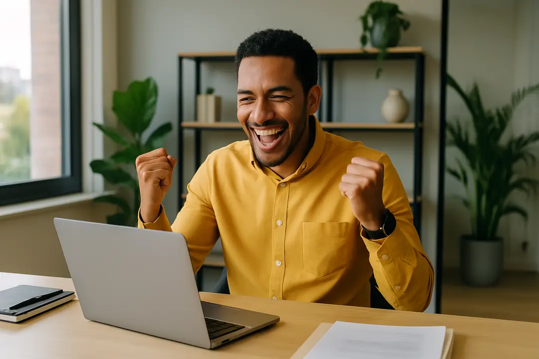 Corretor de imóveis satisfeito comemorando resultado positivo em frente ao laptop em escritório moderno e organizado